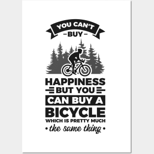 You can't buy happiness but you can buy a bicycle - Simple Black and White Cycling Quotes Sayings Funny Meme Sarcastic Satire Hilarious Cycling Quotes Sayings Posters and Art